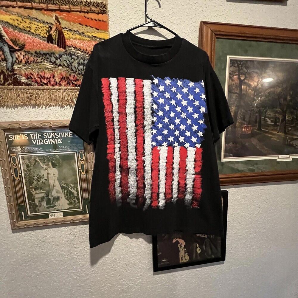 American Vintage Black Tee with Distressed Red White Blue Flag Graphic - Picture 2 of 5